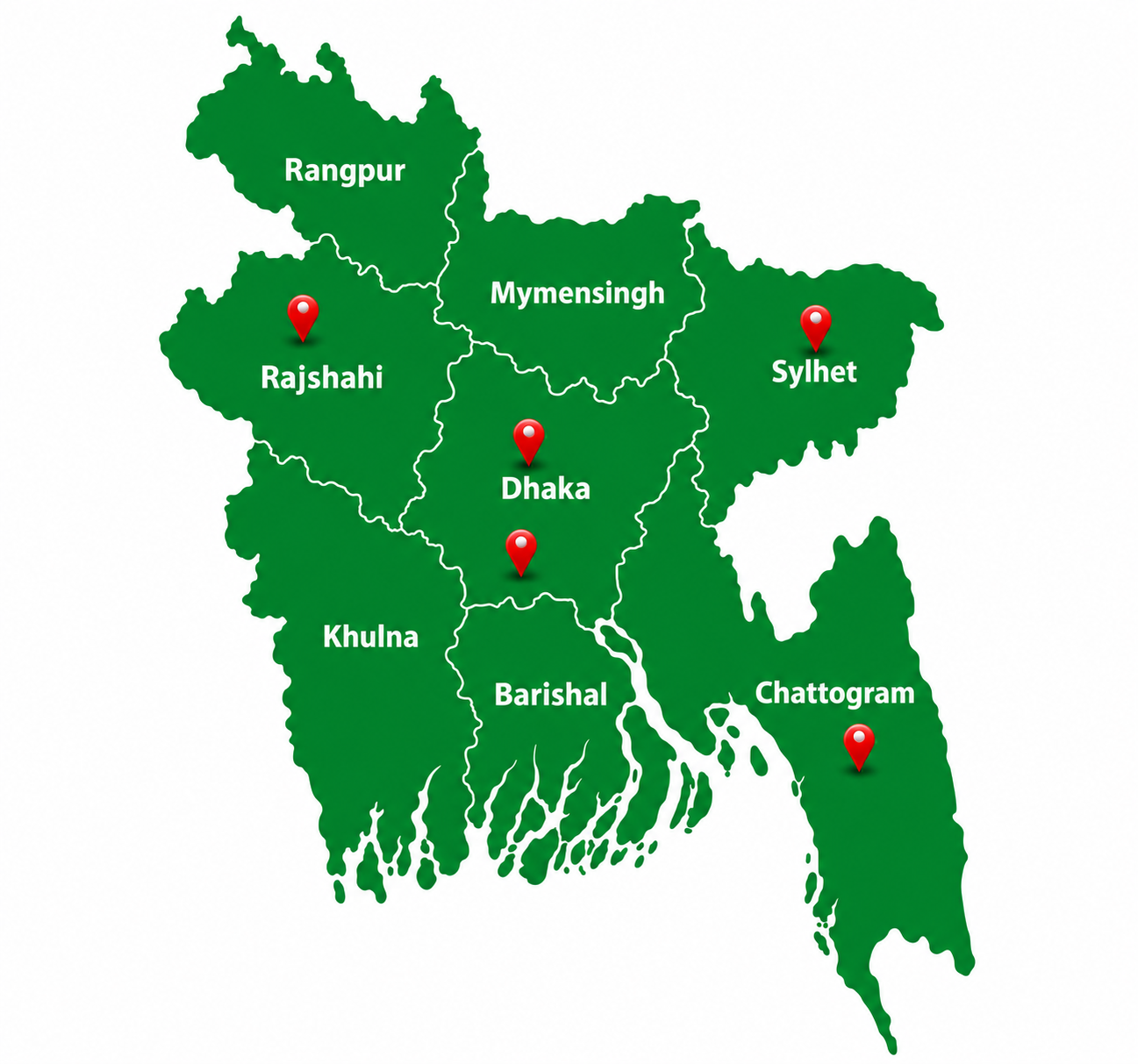 Bangladesh divisions map with five location pins for Rajshahi, Dhaka, Sylhet and Chattogram